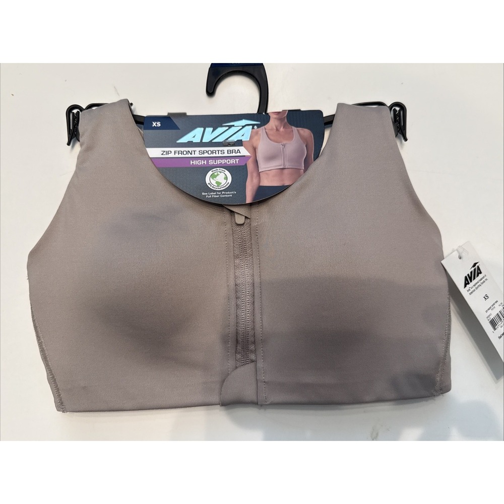 Avia Women's High Support Zip Front Sports Bra, Taupe Fog, Size XS - New W/ Tags